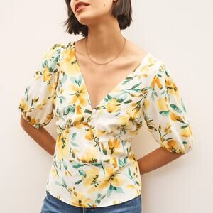Gap Puff Sleeve Lined Floral Print V-Neck Peplum Top Yellow XXS
